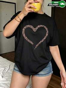 Camiseta de manga corta para mujer, adecuada para uso diario, salidas casuales, vacaciones y fines de semana, con estampado de contorno de corazón con estampado de leopardo, cuello redondo, sin bolsillos laterales, sin cremalleras, sin botones, fabricada en poliéster, estilo casual y romántico, ideal para primavera y verano. Envío nacional - Negro - Ver 1