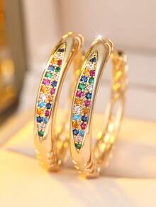 1 Pair Bohemian Rainbow Rhinestone Huggie Earrings, Golden Plated Curved Design Hoop Earrings For Daily Wear, Vacation, Party & Gifting - Multicolor - View 6