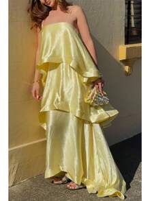 KZKZWK Women's Tiered Ruffle Strapless Maxi Dress, Satin Fabric For Formal Events & Galas - 黃色 - 查看 12