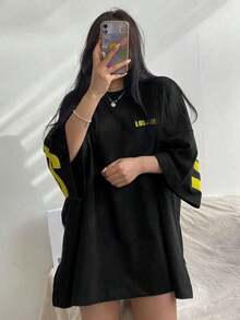 Camiseta de mujer de verano de cuello redondo, manga caída, holgada y casual con estampado de letras, camiseta sobredimensionada, camisetas gráficas de estilo preppy - Rosa Fucsia - Ver 8