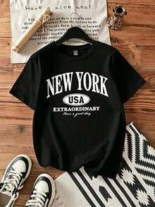 Camiseta de Mujer de Manga Corta con Cuello Redondo y Estampado de Letras Casual, Estilo Nueva York, Ajustada, Mezcla de Algodón, Ideal para el Verano, Colección Regreso a Clases - Negro - Ver 2