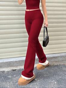 Pantalones acampanados de cintura ancha de unicolor casual para mujer, leggings delgados de cintura alta con pliegues, primavera - Rojo - Ver 5