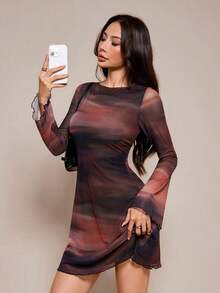 Vestido mini con mangas acampanadas y malla con estampado de leopardo para mujer - Multicolor 3 - Ver 7