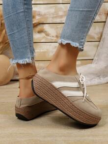 Women's Khaki & White Dual Stripe Wedge Thick Sole Sneakers, Woven Texture Sole Lace-Up Lightweight Casual Walking Training Shoes - Brown - View 3