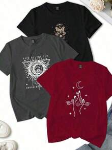 1 Pack playeras estampadas conjunto 3 piezas tshirt grafico luna, sol , estrellas elementos misticos diseño moderno muyer Letras  Casual diario casa - Negro - Ver 1