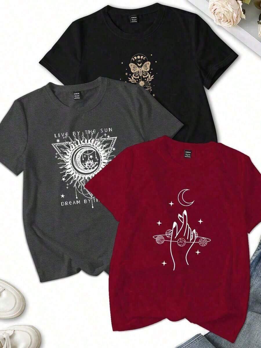 1 Pack playeras estampadas conjunto 3 piezas tshirt grafico luna, sol , estrellas elementos misticos diseño moderno muyer Letras Casual diario casa - Negro - Ver 1