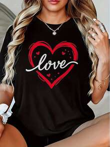 Camiseta manga corta cuello redondo 100% algodón, estampado trendy, tejido ligero y ventilado, estilo moda casual, apta para vida diaria, salidas informales y citas en primavera, verano y otoño - Negro - Ver 1