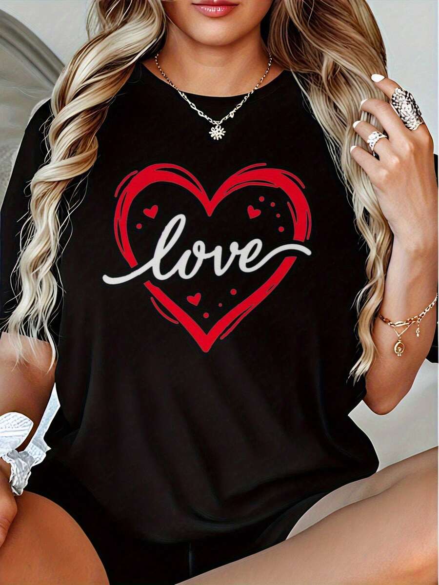 Camiseta manga corta cuello redondo 100% algodón, estampado trendy, tejido ligero y ventilado, estilo moda casual, apta para vida diaria, salidas informales y citas en primavera, verano y otoño - Negro - Ver 1
