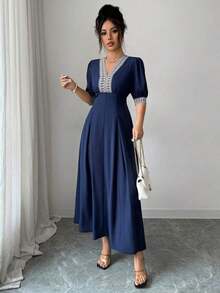 YHHElenzga Vestido corto de verano con mangas cortas, cintura con cinta y diseño de patchwork elegante para mujerYHH - Azul marino - Ver 7