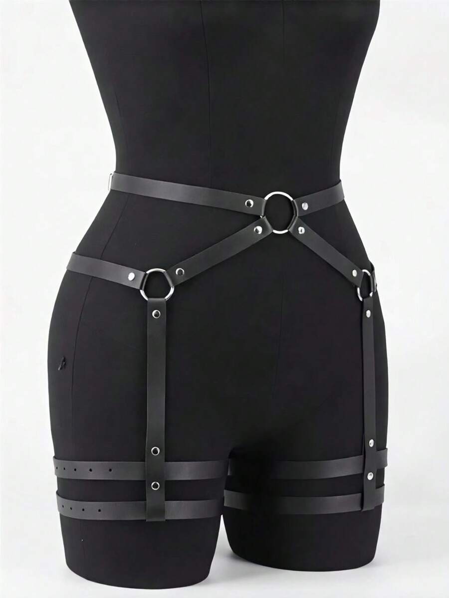 1pc Women's Sexy Rivet Garter Belt, PU Leather Thigh Garter, Gothic Style Accessory For Carnival Costume - Black - View 1