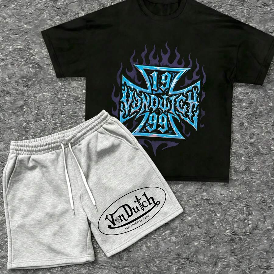 Mens Creative T Shirt And Shorts Set American Vintage Full Print Street Wear Essential T Shirt Set Men Graphic T Shirt And Shorts Set With Vonn Dutch Originals Logo Print - màu đen - Xem 1