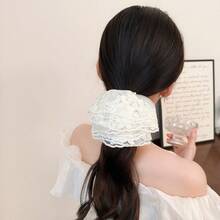 1pc Pearl Flower Lace Mesh Scrunchie, Suitable For Gentle Elegant Women For Commuting And Dating, Cream White Mesh Base With 3D Floral Embroidery Lace, Elegant Cute Country Style Bridal Hair Accessory, Soft Elastic Without Pulling Hair, Can Tie Ponytail And Bun, French Luxury Atmosphere Hair Ornament - Multicolor - View 5