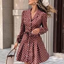 PariChic Women's Elegant Coffee-Colored Long-Sleeved Dress With A Romantic All-Over Rose Print, Featuring A Bow Belt, Front Buttons, And A Stylish Design Suitable For Autumn/Winter, Spring/Summer, Vacations, Valentine's Day Dates, Birthdays, A-Line Silhouettes, And Cute, Romantic Puff-Sleeved Short Dress - Albaricoque - Ver 8