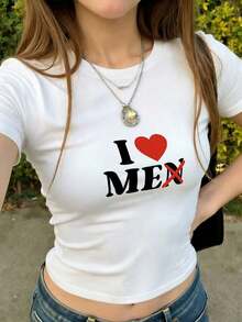 Women's White Crop Top With Round Neck, Short Sleeves, Heart And Letter Print In A Youthful Style, A Very Cute Fitted Cut For Summer, A Super  Casual Look, Perfect For Everyday Wear And Going Out With Friends BG9G - 白色 - 查看 3
