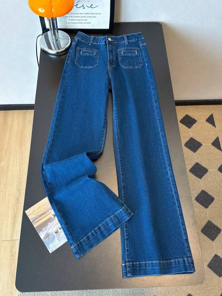 ALO FASHION Elegantes jeans largos de mezclilla lavada estilo boho con pierna ancha y tejido elástico. - azul real - Ver 1