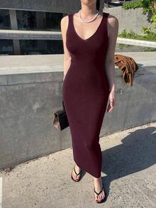 Vestido de suéter largo con cuello en V y envolvente para mujer, conjunto de ropa de mujer para crucero de primavera/verano, vestidos rojos de mujer para vacaciones - Burdeos - Ver 7