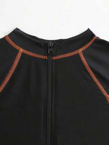 Bikinx Traje de baño deportivo de manga larga con cremallera, ajustado, con ribete de contraste de unicolor, para vacaciones de verano en la playa - Naranja Quemada - Ver 7