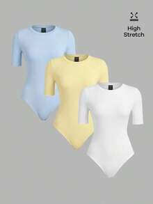 BASICS 3 piezas Body ajustado de manga corta y cuello redondo de punto de unicolor para mujer - Multicolor - Ver 4