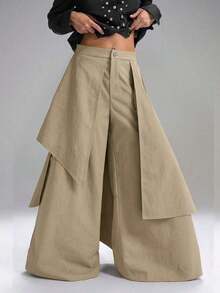 2025 Nuevas Llegadas Minimalistas Otoño Falda Asimétrica Negra de Moda para Mujer + Pantalones Anchos de Pierna Ancha, Estilo Minimalista Japonés Andrógino, Silueta Minimalista Callejera, Moda Oscura Grunge, Pieza Vanguardista, Esencial de Moda de Regreso a la Escuela, Homecoming, Estilo de los 2000, Ropa de Mujer Y2K, Ropa de Calle - Caqui - Ver 1