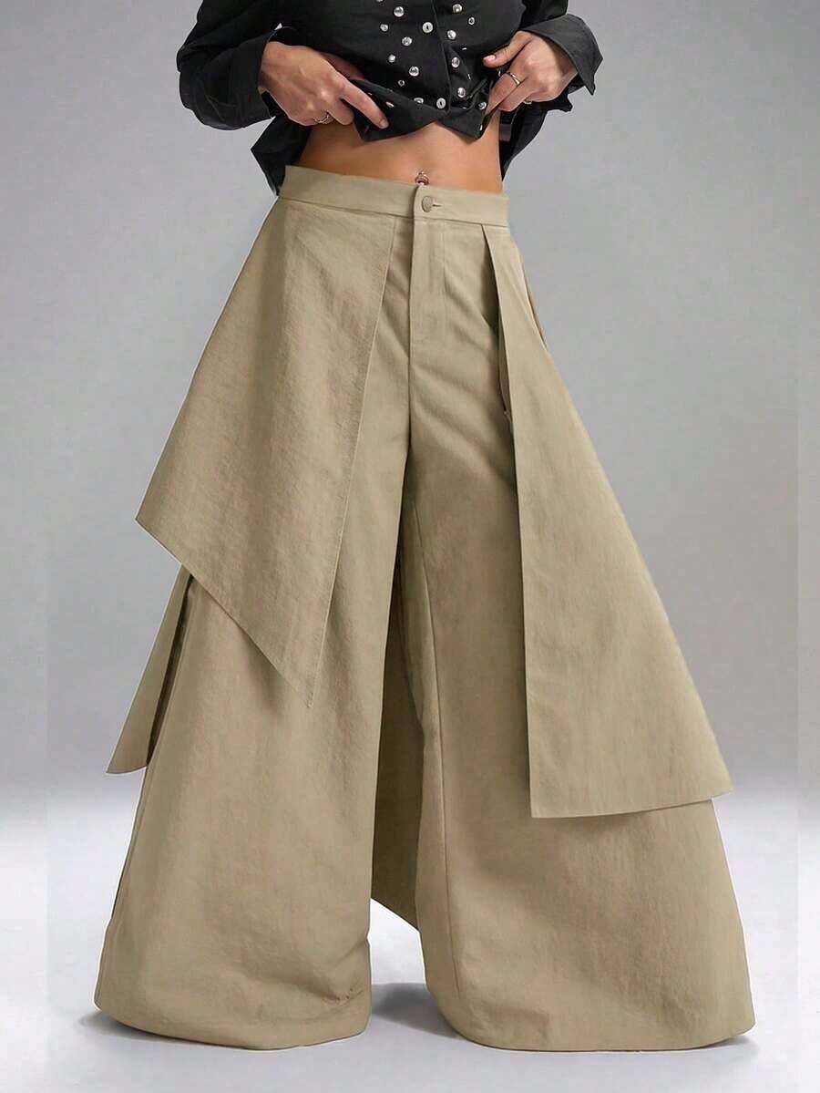 2025 Nuevas Llegadas Minimalistas Otoño Falda Asimétrica Negra de Moda para Mujer + Pantalones Anchos de Pierna Ancha, Estilo Minimalista Japonés Andrógino, Silueta Minimalista Callejera, Moda Oscura Grunge, Pieza Vanguardista, Esencial de Moda de Regreso a la Escuela, Homecoming, Estilo de los 2000, Ropa de Mujer Y2K, Ropa de Calle - Caqui - Ver 1