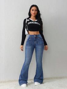 Tall Jeans casuales de mujer, jeans ajustados elásticos acampanados - Azul lavado medio - Ver 7