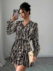 Vestido corto de manga larga con cuello alto, manga linterna, cintura y dobladillo con volantes para mujer - Multicolor 2 - Ver 5
