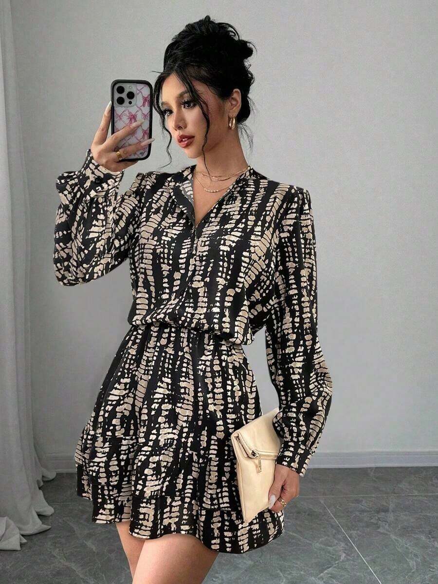 Vestido corto de manga larga con cuello alto, manga linterna, cintura y dobladillo con volantes para mujer - Multicolor - Ver 1