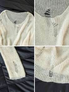 Suéter sexy de color albaricoque con diseño hueco y corte en el hombro, adecuado para salir, citas, estar en casa y para ir y venir, otoño/invierno primavera - Albaricoque - Ver 11