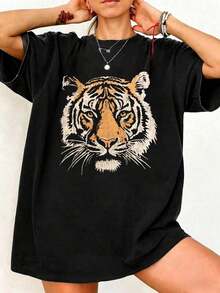 Camiseta de manga corta con cuello redondo y estampado de tinta blanca oversize - Negro - Ver 6