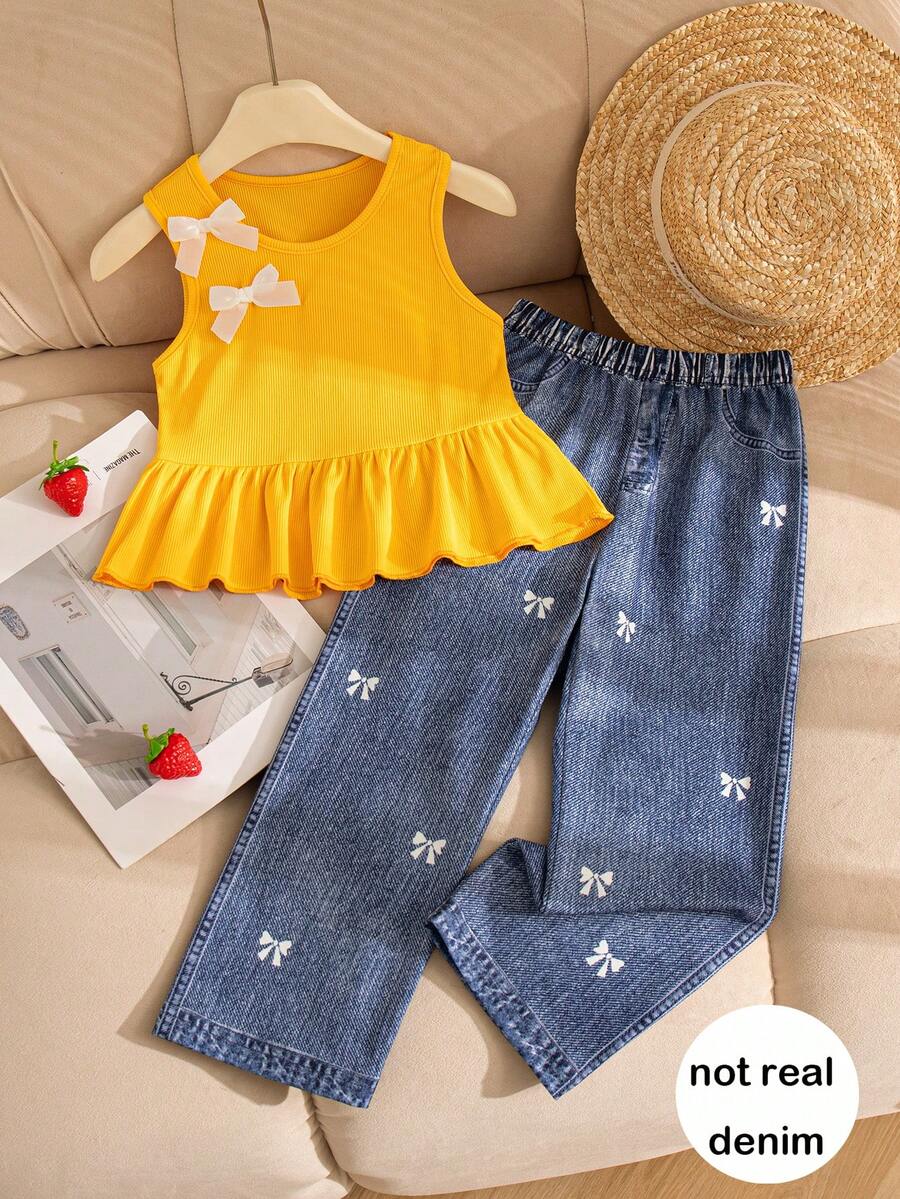 2 Potong Setelan Kasual Anak Perempuan, Atasan Tanpa Lengan Warna Polos dengan Desain Pita 3D dan Celana Panjang Lurus dengan Ikat Pita dan Pinggang Elastis - Kuning - View 1