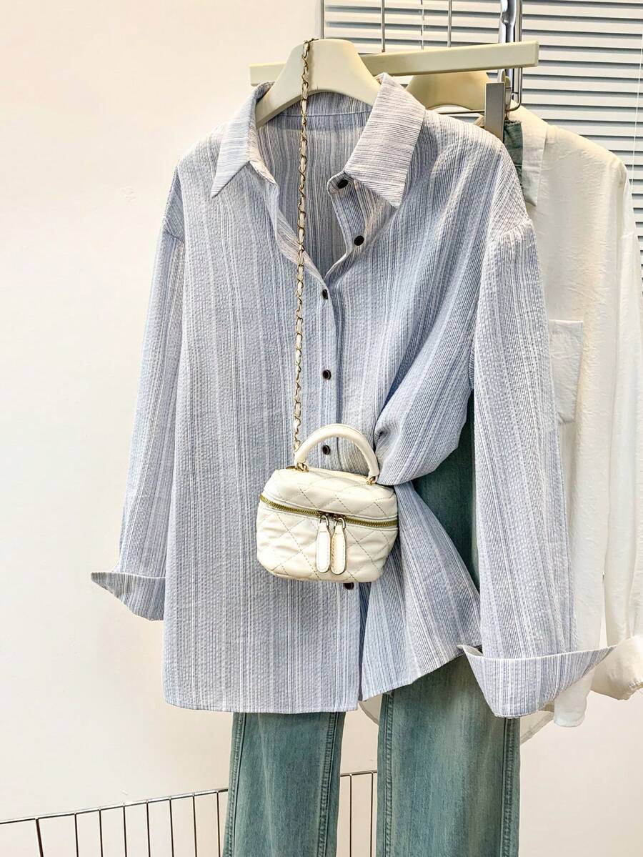 Women's Long Sleeve Collared Shirt, Front Button Design, Regular Fit, Blue & White Striped Pattern - Blue - View 1