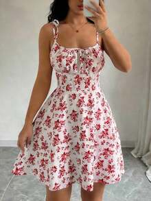 Vestido corto con tirantes finos, espalda anudada, estampado floral y pliegues para mujer - Multicolor 2 - Ver 4