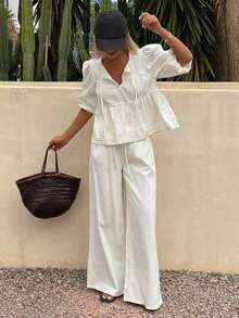 Blusa de mezclilla con cuello de corbata, mangas abullonadas y volante, y pantalón vaquero de pierna ancha - Blanco - Ver 5
