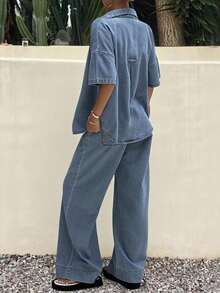 Conjunto de chaqueta de mezclilla de manga corta con botones delanteros y jeans de verano para mujer - Azul - Ver 4