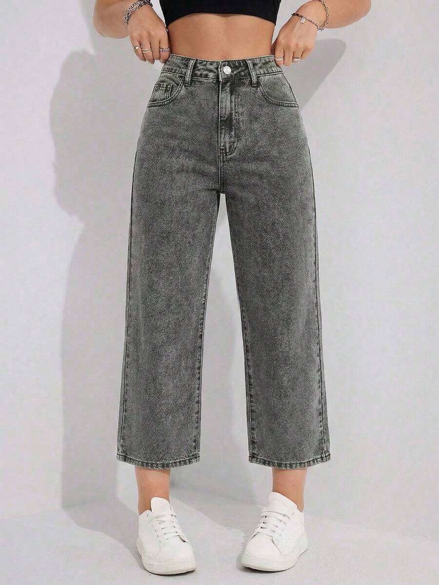 Vaqueros De Pierna Recta Con Bolsillo Inclinado De Color Liso - Gris - Ver 1