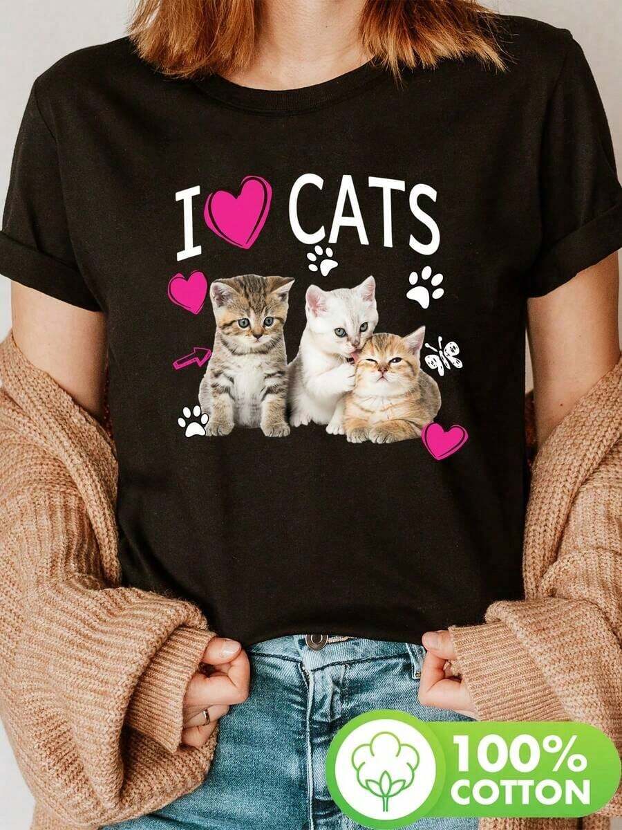 Camiseta de manga corta con cuello redondo para mujer, con un diseño de gato y tres corazones rosados, es una prenda casual adecuada para mujeres, perfecta para usar en primavera y verano. - Negro - Ver 1