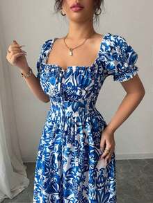 Nuevo Vestido Largo Elegante de Mujer con Mangas de Globo de Estampado Digital, Nudo Delantero, Recorte Trasero en la Cintura, Favorecedory Encantador para Vacaciones y Citas Nocturnas - Azul - Ver 5