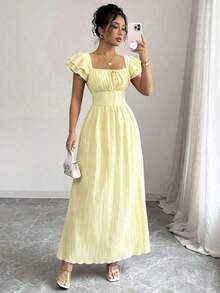 Nuevo vestido elegante para mujer con cuello cuadrado, mangas con volantes en capas, lazo en la parte delantera, diseño de lazada en la espalda, cintura entallada, diseño estilizante y de moda para jóvenes - Amarillo - Ver 7