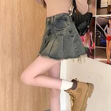 Women's Y2k High Waist Mini Skirts, Korean A-Line Denim Pleated Dress, Women's Fashion, Harajuku Blue Punk Denim Skirts, Summer - 藍色 - 查看 4