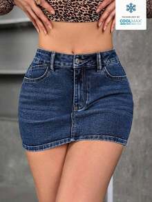 Falda lápiz de denim casual con bolsillos para mujer - Azul lavado oscuro - Ver 3