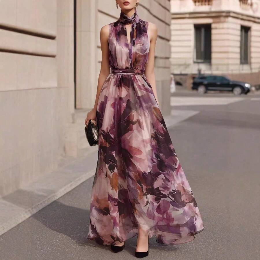 Vestido largo de mujer sin mangas con estampado digital de flores y escote halter elegante y ajustado para un look moderno y femenino - Morado - Ver 1
