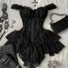 Women's Casual Retro Corset Lace Bodycon Asymmetrical Hem Mini Dress, Suitable For Y2K,Summer Dresses For Women - Negro - Ver 1