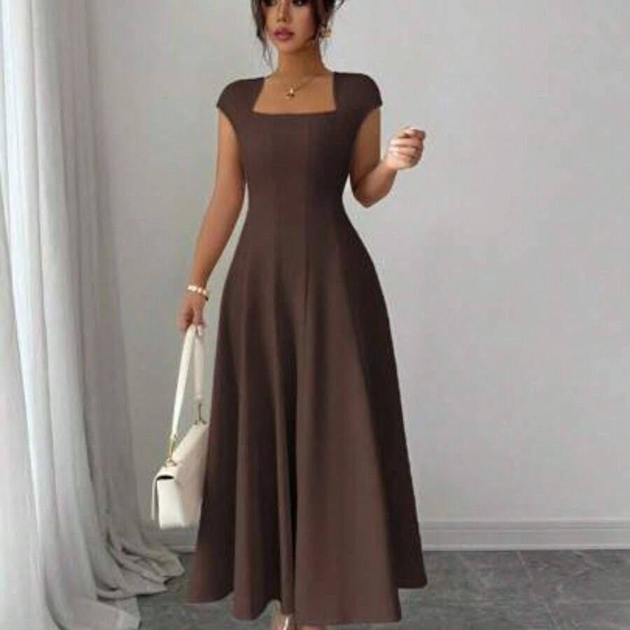 Elenzya Women's Elegant Commuting, Beach, Vacation, Music Festival, Beer Festival Solid Color Square Neck Waist Tie A-Line Short Sleeve Midi Dress, Spring/Summer - Marrón Mocha - Ver 1