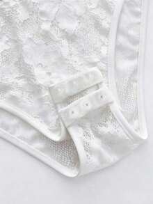 Mono ajustado y elegante para mujer con escote profundo en V, mangas acampanadas, cuello y mangas con adornos de encaje, cierre delantero con cordones, de tela de encaje gris, para el Día de San Valentín, elegante, para fiesta, playa, salida, est - Blanco - Ver 5
