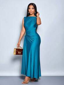 Vestido elegante de mujer con decoración de metal de unicolor, ajuste delgado, adecuado para el uso diario, compras, fiestas y reuniones - Agua verde azul - Ver 4