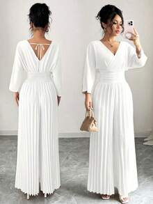 Mono elegante de pierna ancha con escote cruzado en V, mangas tipo murciélago y pliegues, en color liso para mujer - Blanco - Ver 8