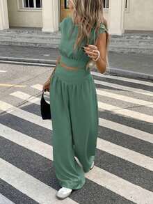 Conjunto de 2 piezas de blusa y pantalones con lazo en la espalda de unicolor para mujer, un conjunto de top holgado y pantalón de pierna ancha con lazos en la espalda, unicolor, elegante y casual, adecuado para el uso diario, primavera/verano - Verde 2 - Ver 6