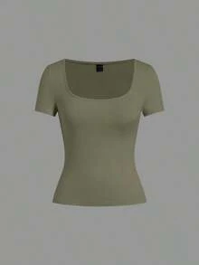 Set de 3 camisetas de punto para mujer, multicolor, camisetas básicas de primavera/verano para mujer, tops ajustados básicos, paquete de tops básicos, tops básicos para mujer, tops de ajuste ceñido, tops básicos, tops de mujer de cuello cuadrado, tops de verano para mujer, tops de manga corta para mujer, tops de verano para mujer, camisetas de mujer - Verde - Ver 4