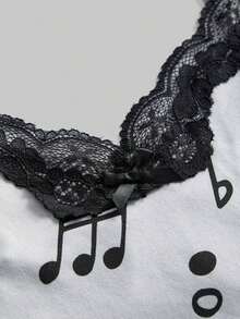 ROMWE Conjunto de 3 piezas con camiseta de tirantes con encaje y estampado de notas musicales y teclado de piano, estilo retro Y2K - Multicolor 2 - Ver 5