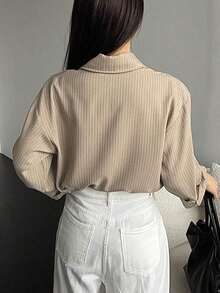 Camisa casual/escolar holgada a rayas para mujer, top de manga larga de estilo preppy para mujer, ropa de otoño - Caqui - Ver 6